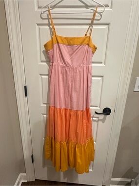 Women’s J Crew Colorblock Maxi Sundress - Pink, Orange & Mustard EUC